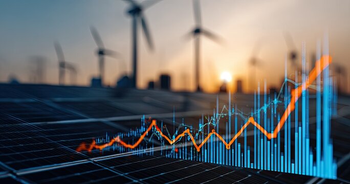 Solar panel arrays with rising graphs overlayed, wind turbines in background