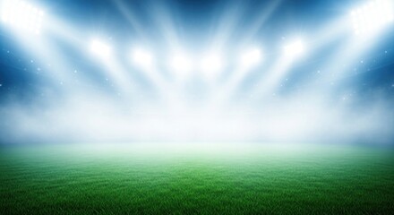 Obraz premium A stadium field bathed in bright spotlights, showcasing a vast expanse of vibrant green grass under a hazy sky.