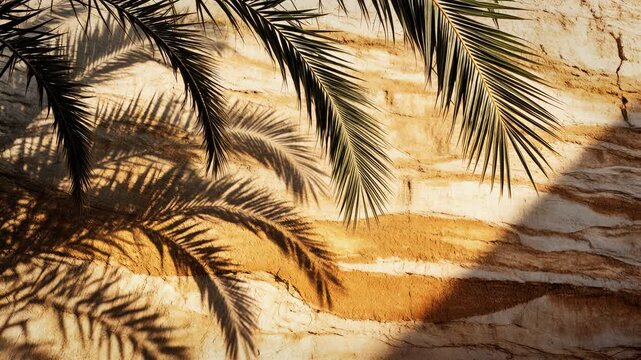 Moving Palm Tree Leaves Casting Shadows on a Stone Wall