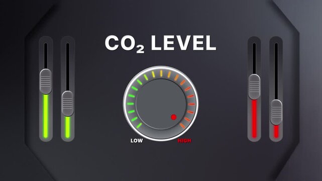 Animation of CO₂ Level on a circular gauge moving from low to high and back. Can be used to show increase or decrease. Perfect for health, fitness, or data content.