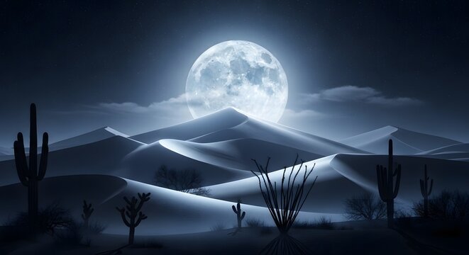 Magical desert landscape at night with a large full moon illuminating sand dunes and cacti