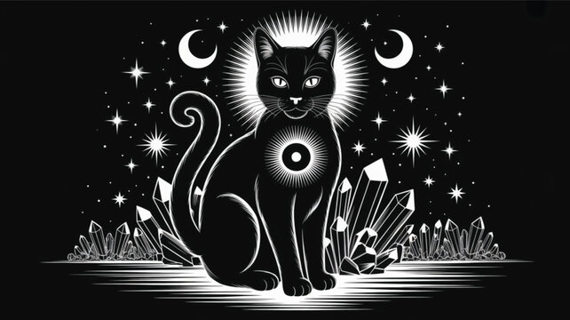 Naklejki A black-and-white digital illustration of a mystical black cat seated upright, surrounded by celestial symbols. The cat has a radiant halo around its head and a glowing circular emblem on its chest, s