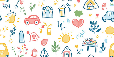 Hand drawn doodle seamless pattern with colorful houses cars suns hearts leaves and glasses children playful preschool background vector illustration