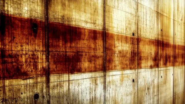 Weathered concrete wall bearing orange stripe, showcasing industrial decay through textured surface and faded architectural patina
