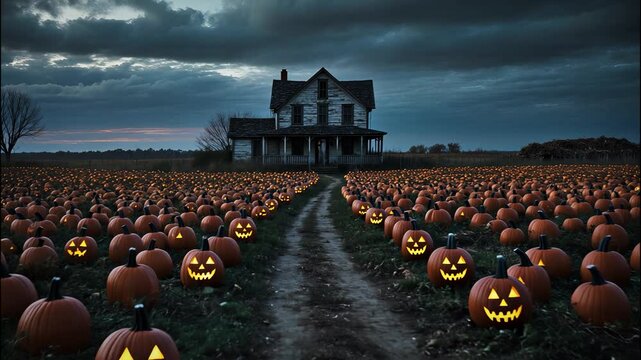 Shadowy Figurines Approaching an Old Farmhouse in a Pumpkin Patch