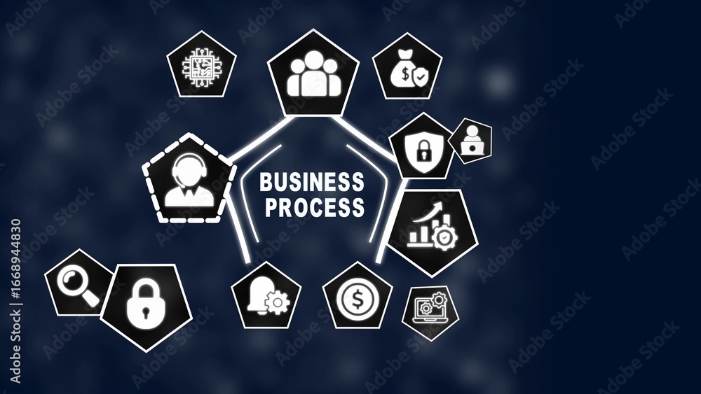 Poster business process flowchart with icons on a dark blue background diagram connection