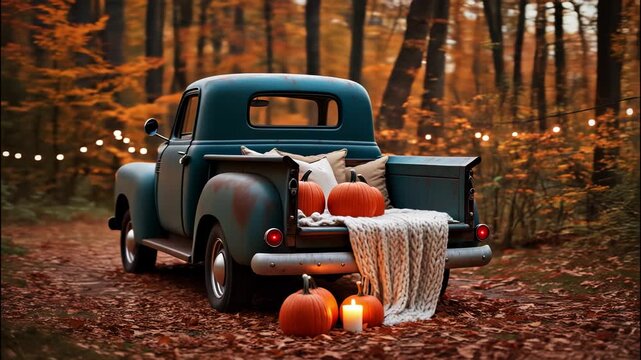 Harvest Autumnal Truck with Pumpkins and Leaves in Forest
