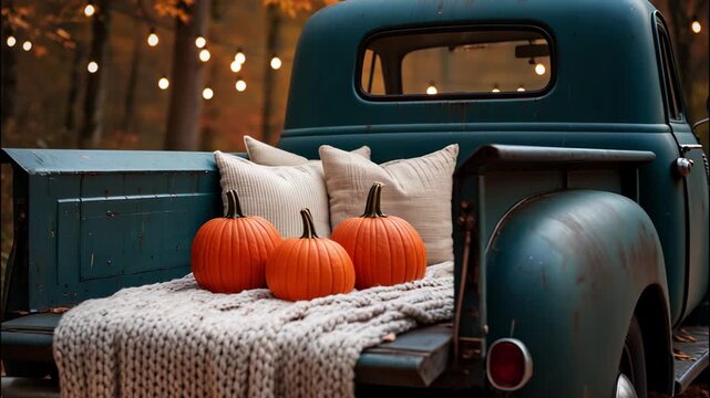 Vintage Teal Pickup Truck with Pumpkins and Cozy Blanket
