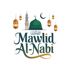 Islamic Mawlid Al Nabi celebration with mosque and lanterns isolated on a transparent background Prophet Muhammad