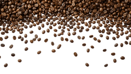 Rich Aroma of Roasted Coffee Beans: A vibrant cascade of dark brown coffee beans, freshly roasted, elegantly tumbles across the frame, promising a sensory delight.