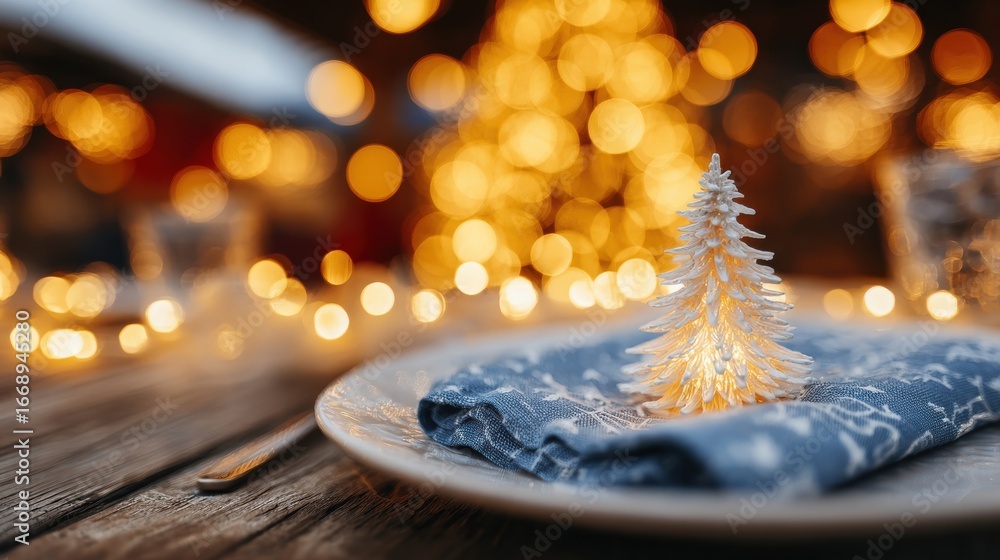 Poster decorative table setting with a small tree and festive lights during winter