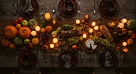 Elegant Autumn Harvest Dinner Table Setting Illuminated by Candles