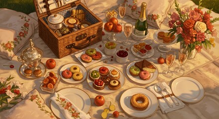 A Delightful Summer Afternoon Picnic Spread with Sweet Treats and Refreshments