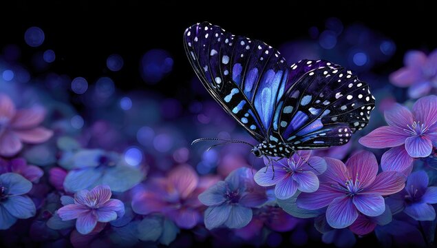 A vibrant blue and purple butterfly delicately perched on a cluster of soft, glowing flowers against a dark background, illuminated by soft bokeh lights