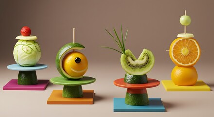 Whimsical Fruit and Vegetable Art Creations on Pedestals