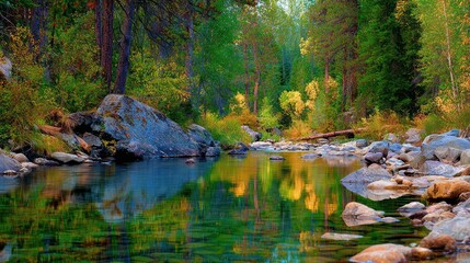 Serene autumnal scene of a calm river reflecting vibrant foliage and rocks, creating a picturesque landscape