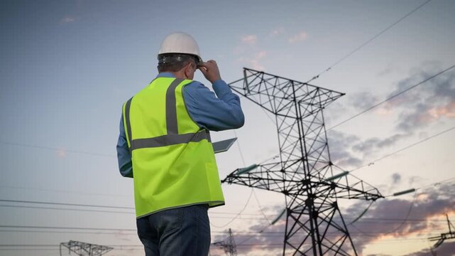 Utility engineer uses tablet, Electrician monitoring lines, Modern technology in energy, Outdoor field inspection, Safety helmet required, Electrical tower overview, Man at work outdoors, Power