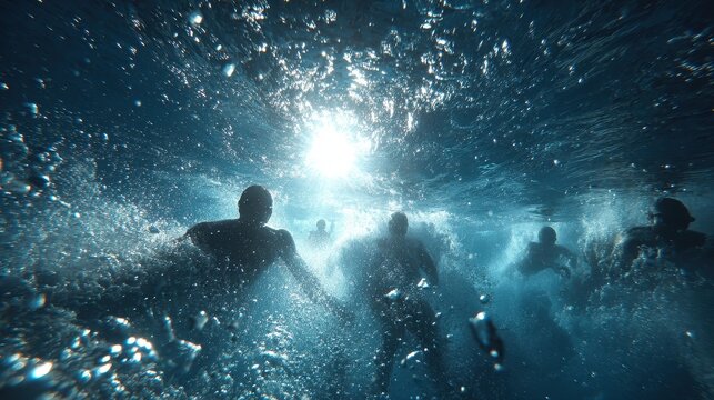 Underwater view of competitive swimmers racing in a bright, outdoor pool during the daytime