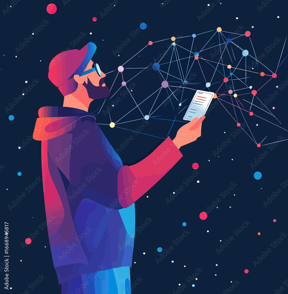 Aufkleber man in hoodie and cap holding smartphone with abstract colorful network connections and digital data