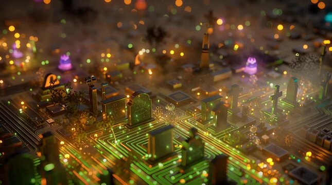 microchip halloween cemetary flyover - glowing gravestones - AI technology neural network concept for holiday - gold, pink, green, macro animation