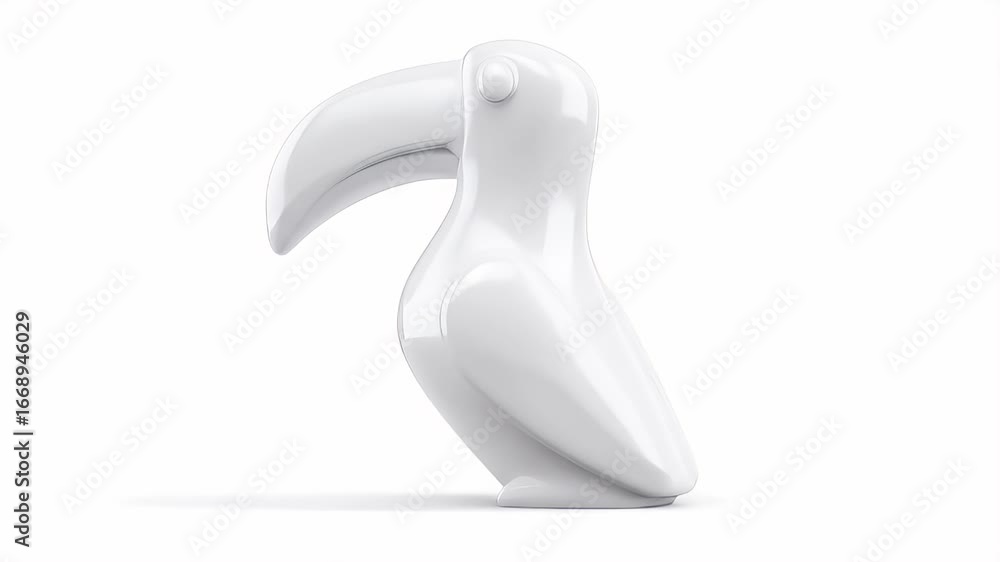Poster dynamic 3d render of a glossy white minimalist toucan sculpture seamlessly rotating on a clean studi