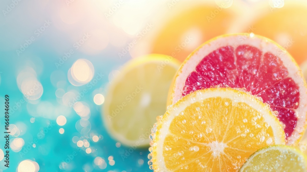 Poster brightly colored citrus slices on a sparkling surface with soft lighting