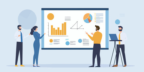business team meeting presentation with infographic charts on large screen flat vector illustration for corporate collaboration and teamwork concept