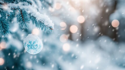Winter holiday decoration hangs on a frosty tree branch in serene snowfall