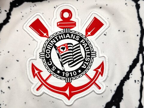 Photo of the Sport Club Corinthians Paulista emblem, featured on the 2021 season home kit. Corinthians is a Brazilian football club based in Sao Paulo.