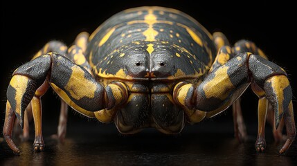 Detailed macro of a black and yellow carapace-backed arthropod with multiple legs