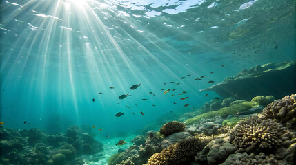 Fototapeta premium Underwater sun rays shining through the ocean with coral reef