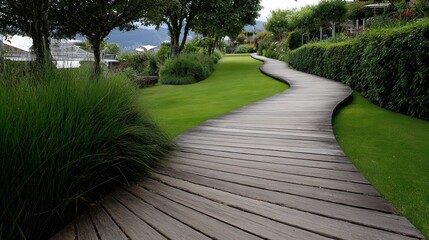 Obraz premium A serene wooden pathway curves through lush greenery, inviting a peaceful stroll in a tranquil garden setting.
