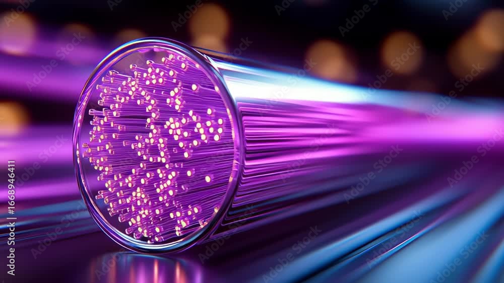 Poster glowing purple fiber optic cable transmitting digital data through illuminated glass wires, showcasi