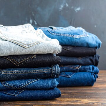 Stacked denim jeans of various colors