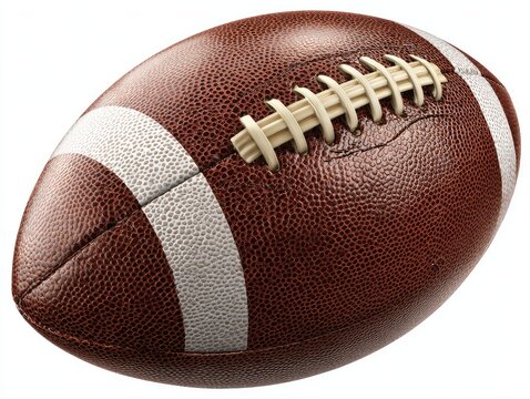 Prolate spheroid brown leather football with white laces and stripes, isolated on white background