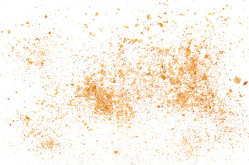 Double color biscuit crumbs, pieces flying isolated on white, clipping path