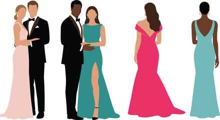 Fashionable couples and elegant women in evening dresses, stylish formal wear illustration for wedding, prom, gala, celebration, or modern fashion design. © Masum Creatives