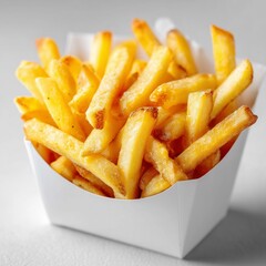 French fries in a white box on a light background photo for advertising