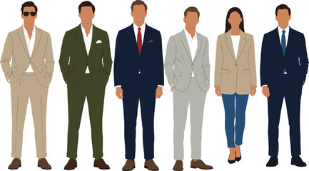 Business professional outfit vector illustration, men and women in formal suits, modern office fashion, full body, faceless characters, diverse clothing styles.