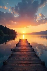Fototapeta premium Tranquil sunrise over a serene dock extending into calm waters, the shoreline gently sloping into the lake Perfect for peaceful, nature, and travel themes , water, wood, travel