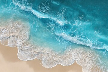 Overhead view of turquoise ocean waves gently lapping a pale sandy beach.  White foam crests the waves near the shore