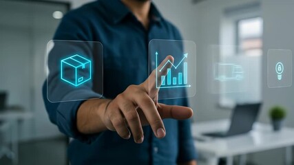 Professional Man Interacting with a Futuristic Supply Chain Management Interface, Optimizing Data Analytics for Business Growth in a Modern Office. - Powered by Adobe