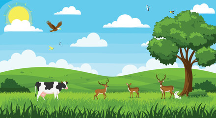 Cartoon green landscape with animals, sunny sky, hills, tree, flying birds, cow, deer, and rabbit in nature scene, perfect for illustration.