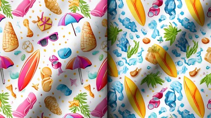 Colorful Summer Pattern with Surfboards, Ice Cream, and Sunglasses