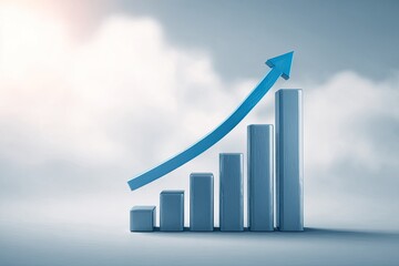 Ascending bar graph with a blue upward trending arrow, set against a soft, cloudy backdrop suggesting growth and progress