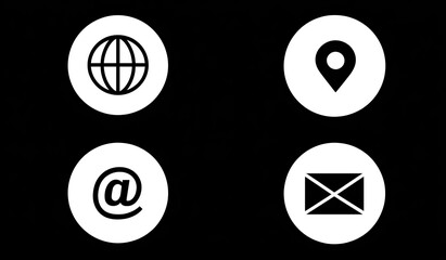 Four white circles on black background, each containing a simple contact icon globe, location pin, "@" symbol, and envelope