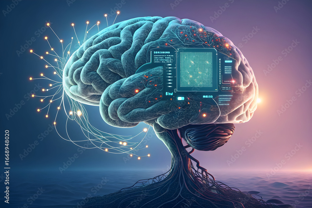 Poster human brain with neural networks and data processing. artificial intelligence and modern technology 