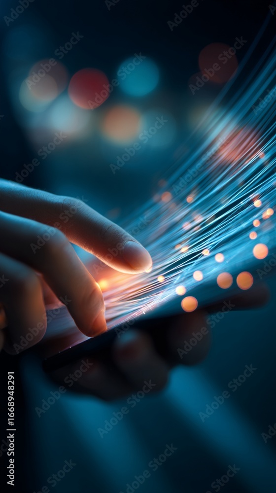 Poster fingers interacting with vibrant fiber optic strands, showcasing technology and connectivity in a me
