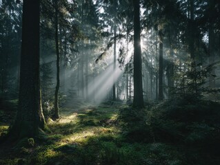 Fototapeta premium Sunbeams Filtering Through a Foggy Forest