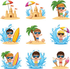 Summer beach kids, sandcastle, surfing, swimming, ice cream, palm trees, vacation fun, cartoon vector illustration